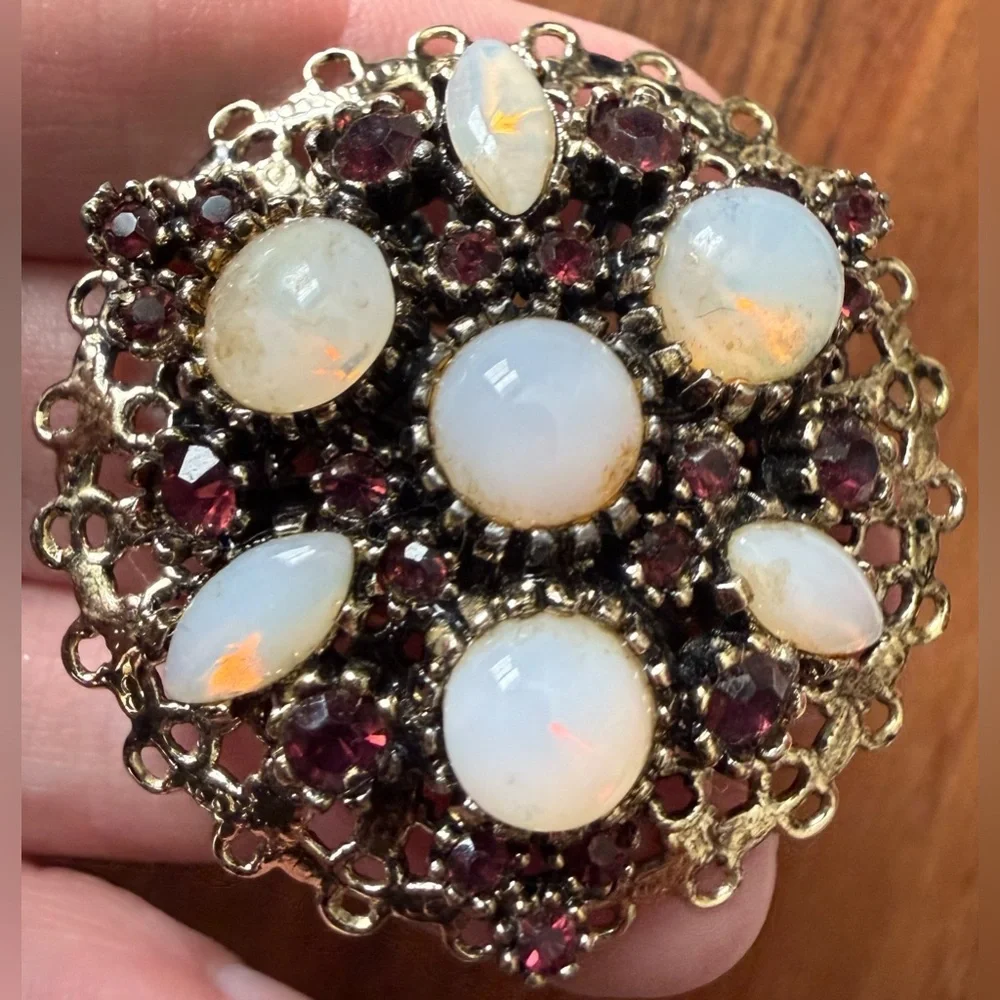 VTG West Germany Gripoix Opalite Purple Rhinestone Brooch Pin Clip on Earrings